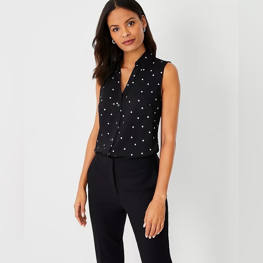 Ann Taylor Black Polka Dot Sleeveless Polo Button Down – Classic & Chic, Small